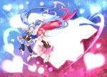  2girls ;d aino_megumi arm_up black_legwear blue_background blue_eyes blue_hair blue_skirt boots brooch cape crown cure_lovely cure_princess frills gradient gradient_background happinesscharge_precure! highres jewelry long_hair magical_girl mini_crown multiple_girls necktie open_mouth pink_background pink_eyes pink_hair pink_skirt ponytail precure shirayuki_hime shoes skirt smile thigh_boots thighhighs twintails ushiki_yoshitaka v white_legwear wink wrist_cuffs 