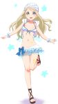  1girl ayase_arisa blonde_hair blue_eyes blush bracelet clearite cross-laced_footwear headdress highres jewelry leg_up long_hair looking_at_viewer love_live!_school_idol_project midriff navel open_clothes open_mouth open_shirt oversized_clothes panties sandals skirt smile solo star underwear 