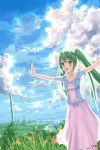  1girl 2014 clouds dress full_moon green_eyes green_hair hatsune_miku highres long_hair moon outstretched_arms sky solo spread_arms twintails vocaloid 