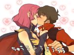  1boy 1girl blush breasts bridal_gauntlets brown_hair cape cleavage closed_eyes couple full-face_blush gundam gundam_zz haman_karn heart heart_background jacket jacket_grab judau_ashta kiss large_breasts pink_hair short_hair translation_request ufuto 