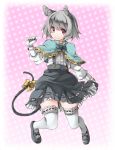  1girl akagashi_hagane animal_ears capelet gloves grey_hair mouse_ears mouse_tail nazrin pink_background red_eyes short_hair skirt solo tail tail_bow thighhighs touhou white_gloves white_legwear 