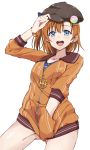  1girl blue_eyes brown_hair haine hand_in_pocket hat highres kousaka_honoka looking_at_viewer love_live!_school_idol_project open_mouth short_hair simple_background smile solo white_background 