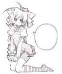  1girl blank_speech_bubble highres looking_at_viewer monochrome sakuya_tsuitachi short_hair simple_background sketch solo speech_bubble striped striped_legwear white_background 