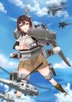  1girl airplane blue_sky blush breasts brown_eyes brown_hair clouds f-35 flight_deck gatling_gun gun helicopter hiememiko hyuuga_(jmsdf) hyuuga_(kantai_collection) japan_maritime_self-defense_force japanese_clothes jet kantai_collection missile ocean personification sh-60_seahawk short_hair skirt sky solo turret weapon 