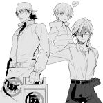  1girl 2boys bazett_fraga_mcremitz child_gilgamesh fate/hollow_ataraxia fate/stay_night fate_(series) kotomine_kirei monochrome multiple_boys short_hair tam_(cuq) 