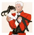  1boy 1girl archer black_hair black_legwear blue_eyes child fate/stay_night fate/zero fate_(series) grey_eyes tam_(cuq) thighhighs time_paradox tohsaka_rin toosaka_rin twintails white_hair young 