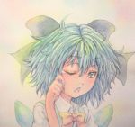  1girl blue_eyes blue_hair bow bust cirno graphite_(medium) grey_eyes hair_bow hand_on_own_face highres looking_at_viewer open_mouth pastel_(medium) pink_background short_hair simple_background solo tears touhou traditional_media watercolor_(medium) wings wink yuyu_(00365676) 