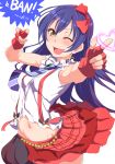  1girl blue_hair blush bow brown_eyes clearite embarrassed fingerless_gloves gloves hair_bow heart highres long_hair looking_at_viewer love_live!_school_idol_project midriff navel necktie open_mouth outstretched_arm pointing smile solo sonoda_umi sweat trembling wink 
