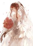  1girl backlighting bare_shoulders bouquet breasts brown_eyes brown_hair cleavage dress elbow_gloves flower garter_straps gloves hair_flower hair_ornament hair_ribbon jewelry kantai_collection looking_at_viewer necklace nine_(liuyuhao1992) pendant petals ponytail red_rose ribbon rose smile solo strapless_dress thighhighs veil wedding_dress white_background white_legwear yamato_(kantai_collection) zettai_ryouiki 