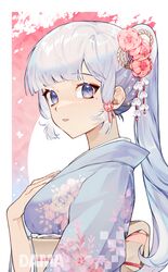  1girl alternate_costume artist_name bangs blue_hair blue_kimono blunt_bangs character_name dl_mask english_commentary flower genshin_impact hand_on_own_chest highres japanese_clothes kamisato_ayaka kimono light_blue_hair long_hair looking_at_viewer mole mole_under_eye obi parted_lips pink_flower ponytail red_nails sash solo upper_body 