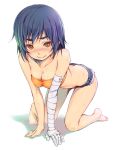  1girl all_fours bakemonogatari bandages bare_shoulders barefoot blush denim denim_shorts kanbaru_suruga monogatari_(series) nisemonogatari piro_(artist) short_hair shorts smile solo sweat 