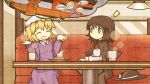  ! 2girls akihiyo blonde_hair bow brown_eyes brown_hair cafe cake cherry closed_eyes cream cup dress food fruit hat hat_removed headwear_removed highres lamp maribel_hearn multiple_girls open_mouth outstretched_arms ribbon short_hair smile touhou trojan_green_asteroid usami_renko 