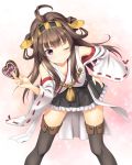  1girl ;) ahoge bare_shoulders black_legwear blush breasts brown_hair chocolate chocolate_heart detached_sleeves double_bun eyes hair_ornament hairband headgear heart japanese_clothes kantai_collection kongou_(kantai_collection) long_hair masakichi_(crossroad) nontraditional_miko open_mouth personification skirt smile solo thighhighs valentine wink 