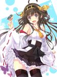  1girl bare_shoulders bird black_hair blush breasts brown_eyes brown_hair butterfly detached_sleeves double_bun hair_ornament hairband headgear japanese_clothes kantai_collection kongou_(kantai_collection) long_hair nontraditional_miko open_mouth personification sideboob skirt smile star takanashi_haruto thighhighs 