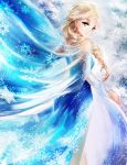  blonde_hair blue_eyes braid dress elsa_(frozen) frozen_(disney) highres looking_back moemoe3345 smile snow 