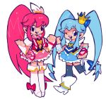  2girls :d ;d aino_megumi bitz777 blue_eyes blue_hair blue_legwear boots bow chibi crown cure_lovely cure_princess dress earrings hair_bow hair_ornament hair_ribbon happinesscharge_precure! jewelry long_hair magical_girl multiple_girls neck_ribbon necktie open_mouth pink_eyes pink_hair ponytail precure puffy_short_sleeves puffy_sleeves ribbon shirayuki_hime short_sleeves skirt smile thigh_boots thighhighs twintails vest white_background wink wrist_cuffs 