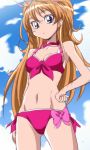  1girl bikini blue_eyes bow breasts choker hand_on_hip houjou_hibiki long_hair looking_at_viewer manji_(tenketsu) orange_hair precure solo suite_precure swimsuit 