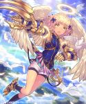  1girl angel angel_wings bike_shorts bird blonde_hair bow character_request detached_sleeves dove feathered_wings feathers flying gauntlets hair_bow halo mckeee sheath sheathed shingeki_no_bahamut short_hair sky small_breasts socks sword weapon wings yellow_eyes 