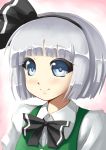  1girl blue_eyes blush bow close-up hair_bow hairband highres konpaku_youmu konpaku_youmu_(ghost) mazume short_hair silver_hair smile solo touhou 