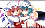  2girls aru16 ascot bat_wings blonde_hair blue_hair carrying flandre_scarlet flower hand_on_another&#039;s_shoulder highres leaf leg_ribbon letterboxed looking_at_viewer mob_cap multiple_girls parted_lips princess_carry red_eyes remilia_scarlet rose short_hair short_sleeves siblings sisters skirt skirt_set smile touhou white_background wings 
