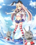  1girl anchor bare_shoulders black_panties blonde_hair blush cloudy_sky elbow_gloves gendo0033 gloves hair_ornament hairband highres innertube kantai_collection long_hair looking_at_viewer navel outstretched_arms panties personification rensouhou-chan shimakaze_(kantai_collection) skirt solo striped striped_legwear thighhighs thong underwear water white_gloves yellow_eyes 