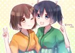  2girls ;) black_hair blue_eyes blush breasts brown_eyes brown_hair cherry_rosso hiryuu_(kantai_collection) japanese_clothes kantai_collection multiple_girls open_mouth personification ribbon short_hair side_ponytail skirt smile souryuu_(kantai_collection) twintails wide_sleeves wink 