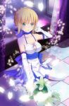  1girl ahoge blonde_hair bouquet cleavage_cutout dress elbow_gloves fate/unlimited_codes fate_(series) flower gloves green_eyes highres lily_(flower) saber saber_lily short_dress solo thighhighs tianya_beiming white_dress 