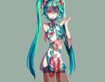  1girl china_dress chinese_clothes detached_sleeves funp710 green_eyes green_hair hatsune_miku headset long_hair project_diva project_diva_f solo thighhighs twintails very_long_hair vocaloid world&#039;s_end_dancehall_(vocaloid) 
