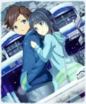  1boy 1girl bag black_hair blue_eyes brown_hair hair_rings handbag hands_on_pockets highres hoodie long_hair nagi_no_asukara sakishima_hikari shiodome_miuna short_hair tomitayaki twintails 