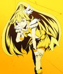  02akst 1girl blonde_hair cure_peace hand_on_knee highres kise_yayoi long_hair looking_at_viewer magical_girl ponytail precure smile_precure! solo wink yellow yellow_background yellow_eyes 