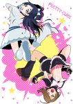  2girls :o black_hair black_skirt blue_eyes boots bow brown_hair clenched_hands copyright_name cure_black cure_white fingerless_gloves frills futari_wa_precure gloves hair_bow half_updo highres knee_boots leg_warmers long_hair looking_back magical_girl mahkn midriff misumi_nagisa multiple_girls precure short_hair skirt upside-down white_skirt yukishiro_honoka 