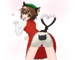  1girl animal_ears bloomers blush brown_eyes brown_hair cat_ears cat_tail chen earrings fang from_behind hat heart heart_tail heart_tail_duo highres insight jewelry multiple_tails paw_pose short_hair solo spoken_heart tail touhou underwear upskirt 