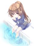  1girl absurdres brown_eyes brown_hair depth_charge fumizuki_(kantai_collection) highres kantai_collection long_hair looking_at_viewer negativeundead personification ponytail sitting smile solo water 