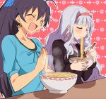  2girls ahoge black_hair chopsticks closed_eyes earrings eating fang food ganaha_hibiki hair_ribbon hibiglasses hoop_earrings idolmaster jewelry long_hair multiple_girls noodles open_mouth ponytail ramen ribbon shijou_takane silver_hair 