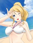  1girl \m/ ayase_eli beach bikini blonde_hair blue_eyes blush fuuma_nagi long_hair love_live!_school_idol_project open_mouth ponytail sky smile solo swimsuit water wink 