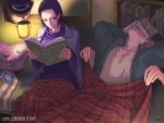  animal_costume bird black_eyes black_hair blanket book bookshelf hat lamp long_hair nico_robin one_piece owl roronoa_zoro sitting sleeping smile tony_tony_chopper turtleneck v-neck zugan_(berugkamp) 