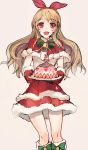  1girl aikatsu! bell bell_collar blonde_hair bow cake capelet collar dress food fur_trim gloves hair_bow hoshimiya_ichigo makai_no_juumin red_eyes santa_boots santa_costume santa_gloves solo 