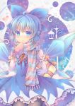  1girl black_legwear blue_eyes blue_hair blush cirno ice ice_wings mittens pjrmhm_coa scarf solo touhou valentine wings winter_clothes 