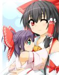  2girls aqua_eyes bare_shoulders black_hair bow bust detached_sleeves hair_bow hair_grab hair_pull hair_tubes hakurei_reimu hug kokujuuji mother_and_daughter multiple_girls ponytail purple_hair red_eyes shirt touhou wide_sleeves wink 