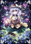  1girl blue_eyes blue_rose fish flower frills hat hat_ribbon heart heart-shaped_pupils highres komeiji_koishi kotonoman open_mouth outstretched_hand ribbon rose silver_hair smile solo stained_glass symbol-shaped_pupils third_eye touhou 