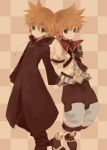  2boys armor bear_(artist) blonde_hair blue_eyes checkered checkered_background cloak highres holding_hands kingdom_hearts kingdom_hearts_birth_by_sleep multiple_boys roxas ventus 