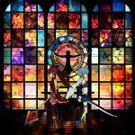  2girls apple cape chair church food fruit harada_miyuki highres indoors magical_girl mahou_shoujo_madoka_magica miki_sayaka multiple_girls polearm sakura_kyouko silhouette skirt spear stained_glass sword weapon 