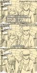  1boy 1girl 3koma ^_^ ^o^ arao blush breasts building closed_eyes comic couple covering_face hakama hat highres hiryuu_(kantai_collection) interview jacket japanese_clothes kantai_collection long_sleeves microphone monochrome oriental_umbrella parody personification power_lines scarf short_hair side_ponytail snow snowing special_feeling_(meme) umbrella wide_sleeves winter_clothes yamaguchi_tamon 