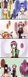  4koma 6+girls alternate_costume aoshima bandages bare_shoulders bat_wings black_hair blonde_hair blue_hair bow breasts bun_cover chain chinese_clothes comic double_bun drunk flower gap hair_bow hair_flower hair_ornament hakurei_reimu hieda_no_akyuu highres horns hug ibaraki_kasen ibuki_suika japanese_clothes long_hair multiple_girls navel necktie no_hat orange_hair pink_eyes pink_hair purple_hair remilia_scarlet ribbon rose short_hair shot_glass sleeveless smile tabard teardrop touhou translation_request underboob upside-down violet_eyes wings yakumo_yukari 