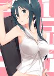  1girl black_hair blush breasts green_eyes highres isuzu_(kantai_collection) kantai_collection large_breasts long_hair looking_at_viewer personification pino_(birthdayparty) solo strap_cleavage 