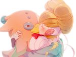  1girl adelie_(space_dandy) blonde_hair closed_eyes colored_eyelashes kiss maguro_(ma-glo) simple_background solo space_dandy stuffed_animal stuffed_penguin stuffed_toy white_background 