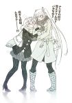  &gt;_&lt; 2girls bag boots coat gloves goggles goggles_on_head gumi handbag hatsune_miku high_heels knee_boots long_hair monochrome multiple_girls open_mouth pantyhose pigeon-toed scarf skirt twintails very_long_hair vocaloid wokada 