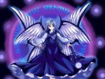  1girl angel_wings blue blue_clothes blue_dress blue_hair dress earrings jewelry long_hair looking_at_viewer multiple_wings muutzi sariel solo touhou touhou_(pc-98) wings 