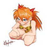  1girl barefoot bikini blue_eyes hori_shin horns long_hair neon_genesis_evangelion oni orange_hair pout rebuild_of_evangelion setsubun shikinami_asuka_langley souryuu_asuka_langley swimsuit tiger_print 