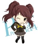  1girl black_legwear chibi copyright_name hand_on_hip hijiri_ruka kujikawa_rise looking_at_viewer persona persona_4 simple_background skirt smile solo thighhighs white_background wink 